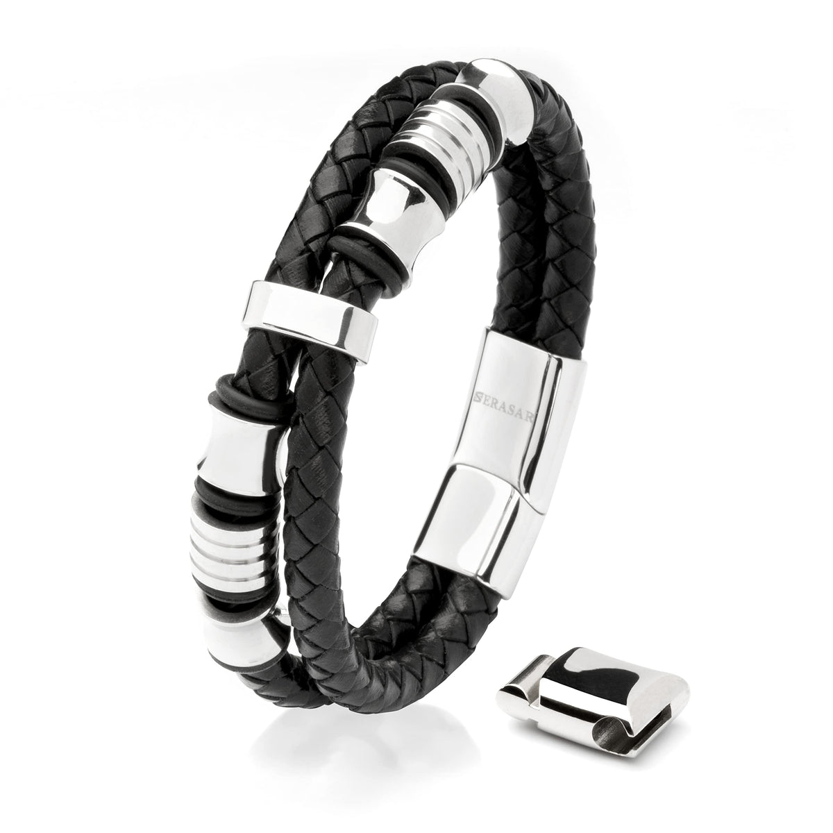 SERASAR - Bracciale da uomo in pelle di alta qualità, con chiusura magnetica in acciaio inox, nero, argento e oro, con scatola per gioielli, ottima idea regalo