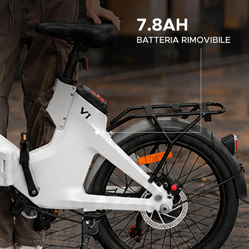 EMotorad V1, Bicicletta Elettrica Pieghevole da Città, Telaio in Lega di Magnesio, Motore 250 W 35 Nm, Batteria Rimovibile 36 V 7,8 Ah, Shimano Tourney 7 Velocità, Freni a Disco Idraulici