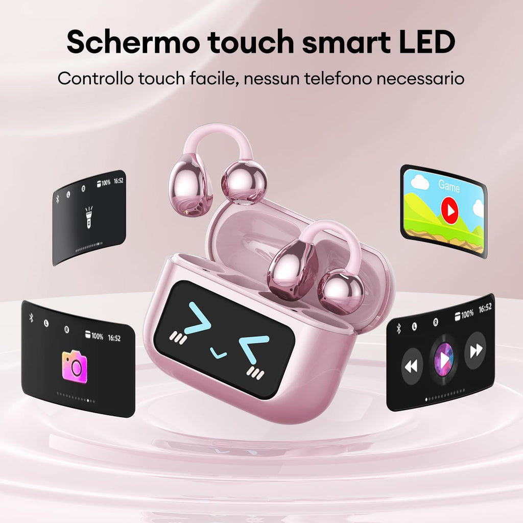 ZOMBIES CAT Auricolari Open Ear Clip-on con Schermo Touch Intelligente – Cuffie Bluetooth 5.4, Audio HiFi, Controllo Musicale & Volume, Auricolari Bluetooth per Sport,M100 Nero