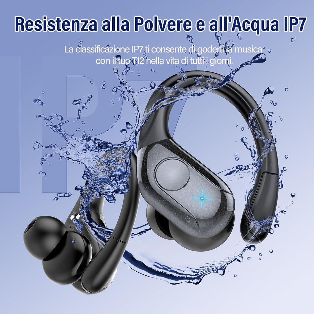 Qecnato Cuffie Bluetooth Senza Fili, Auricolari Bluetooth 5.4 con Stereo HiFi, 75 Ore, Auricolari con 4 ENC Mic, Display LED, IP7 impermeabili Cuffiette Wireless per Jogging, Lavoro, Nero