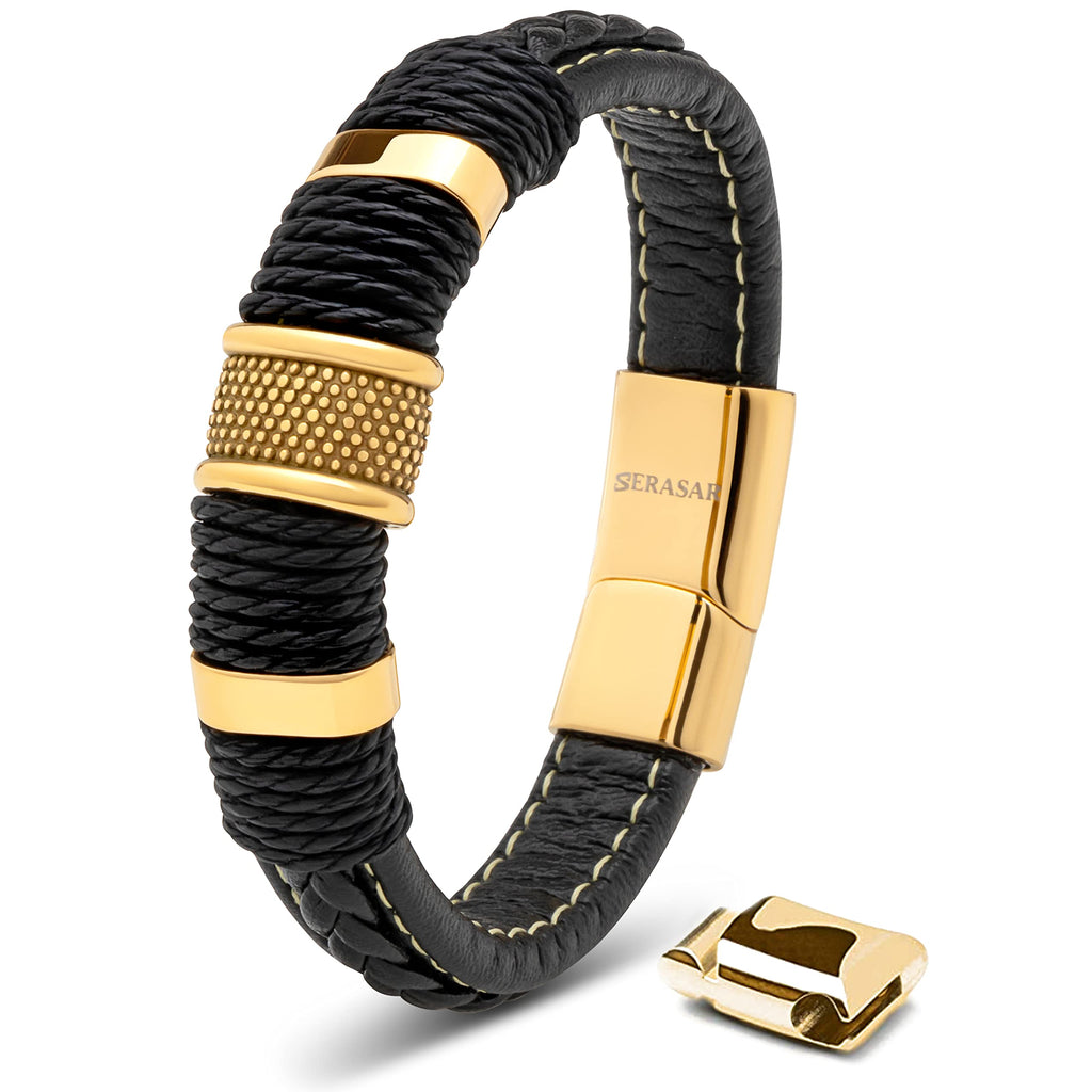SERASAR - Bracciale da uomo in pelle di alta qualità, con chiusura magnetica in acciaio inox, nero, argento e oro, con scatola per gioielli, ottima idea regalo