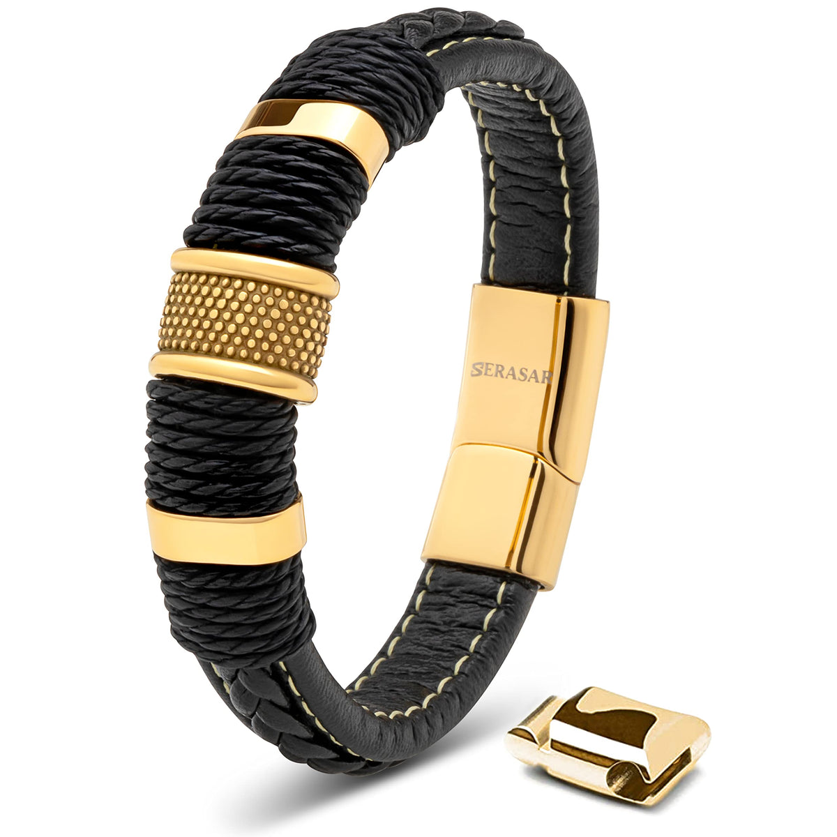 SERASAR - Bracciale da uomo in pelle di alta qualità, con chiusura magnetica in acciaio inox, nero, argento e oro, con scatola per gioielli, ottima idea regalo