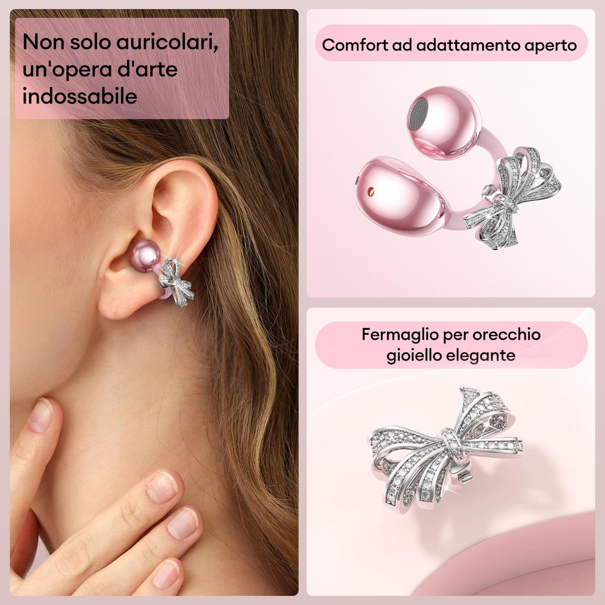 ZOMBIES CAT Auricolari Open Ear Clip-on con Schermo Touch Intelligente – Cuffie Bluetooth 5.4, Audio HiFi, Controllo Musicale & Volume, Auricolari Bluetooth per Sport,M100 Nero
