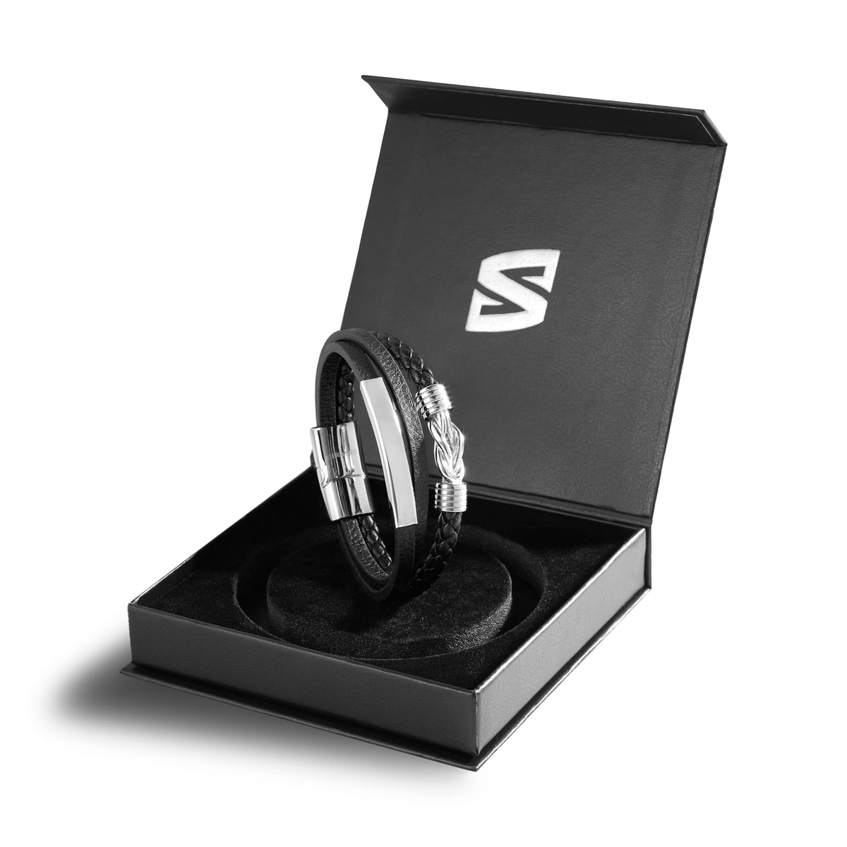 SERASAR - Bracciale da uomo in pelle di alta qualità, con chiusura magnetica in acciaio inox, nero, argento e oro, con scatola per gioielli, ottima idea regalo