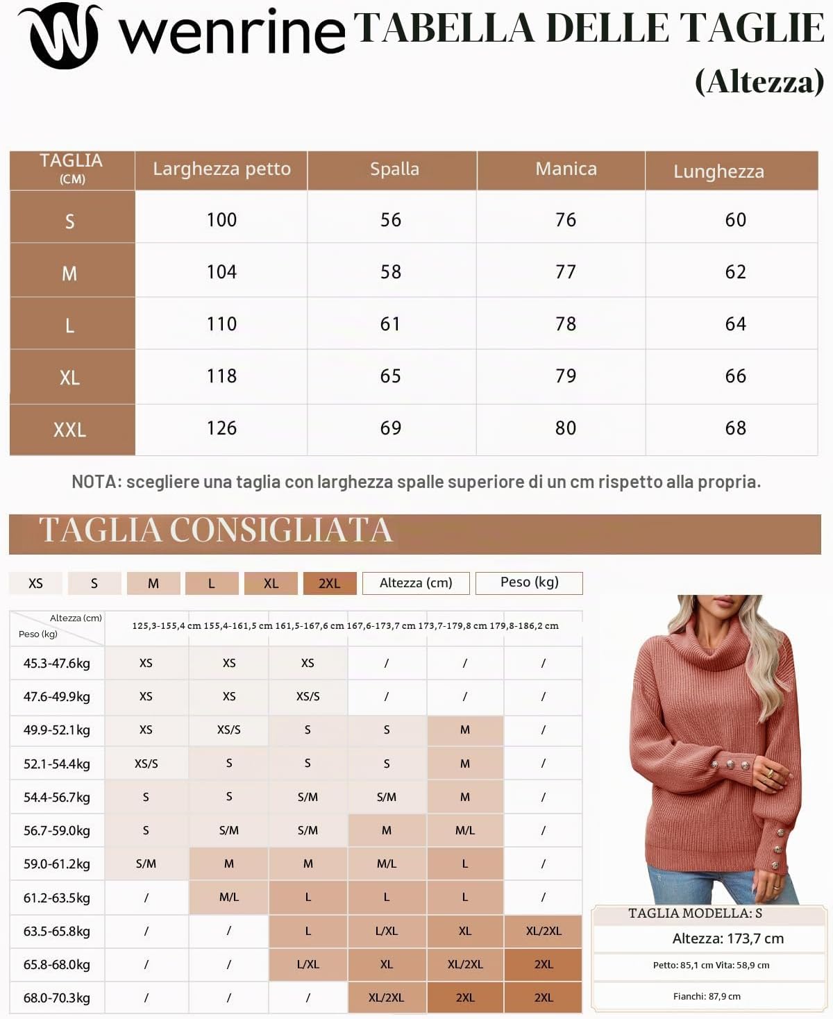 Wenrine Maglione Oversize da Donna in Maglia a Collo Alto e Maniche Lunghe