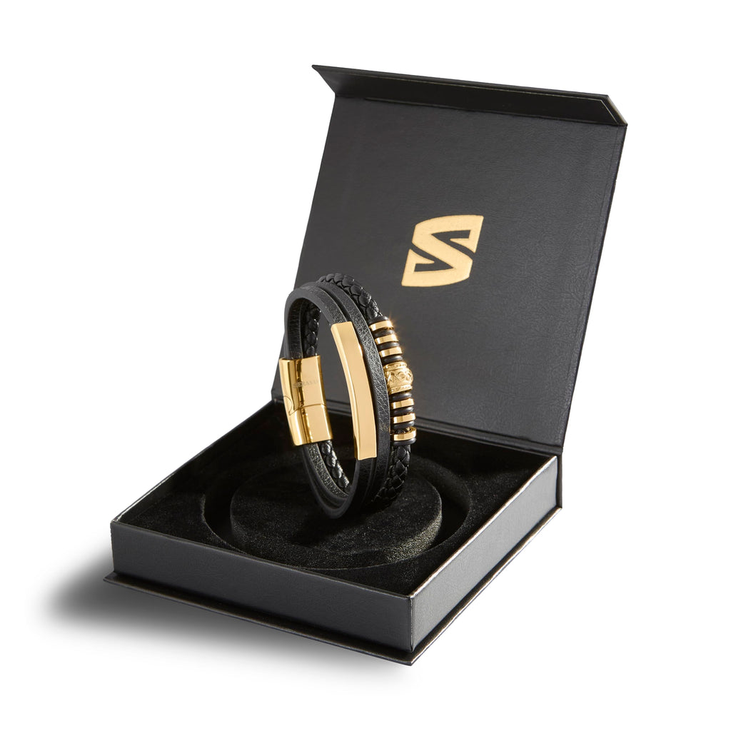 SERASAR - Bracciale da uomo in pelle di alta qualità, con chiusura magnetica in acciaio inox, nero, argento e oro, con scatola per gioielli, ottima idea regalo