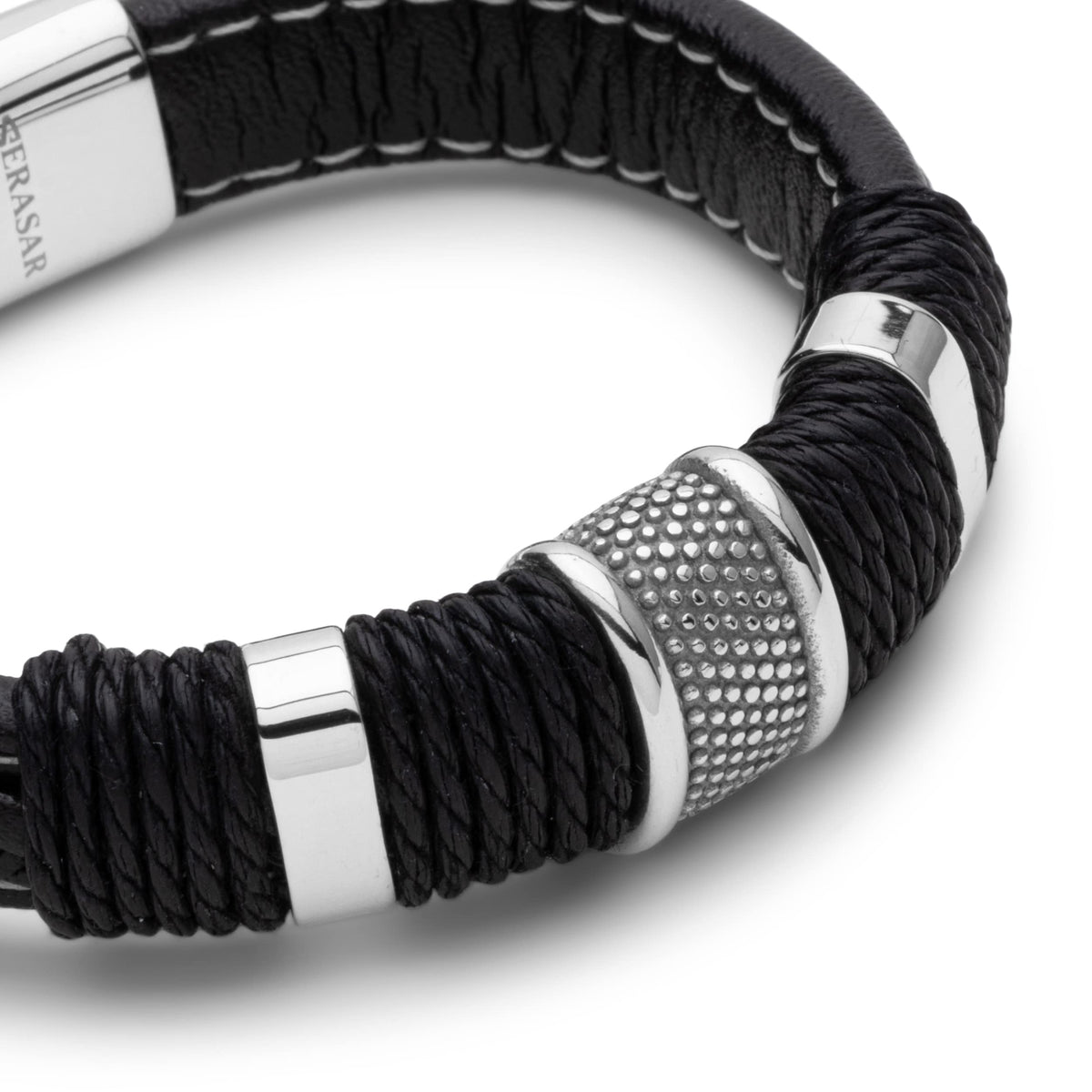 SERASAR - Bracciale da uomo in pelle di alta qualità, con chiusura magnetica in acciaio inox, nero, argento e oro, con scatola per gioielli, ottima idea regalo