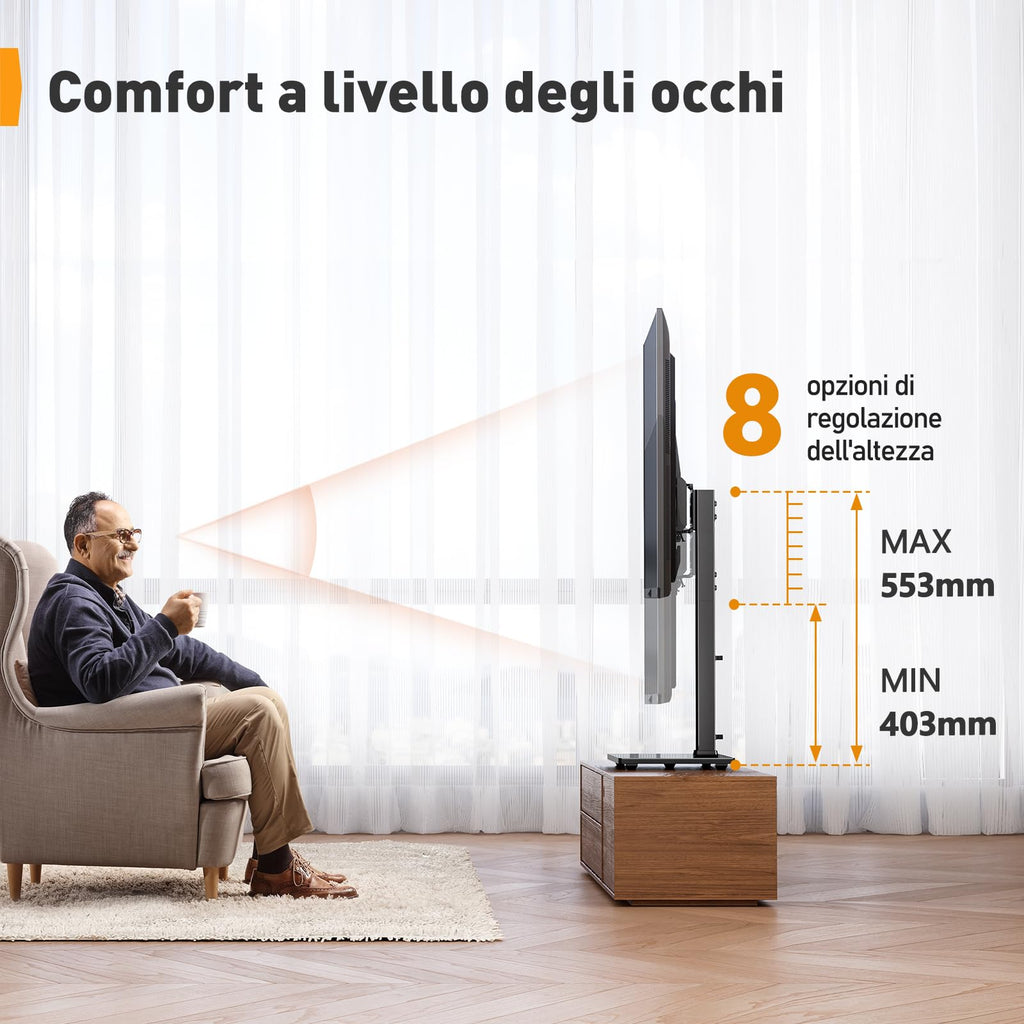 Supporto Girevole da Tavolo per TV da 26-60 Pollici - Piedistallo per TV Regolabile in Altezza con Base in Vetro Temperato, VESA Max 400x400mm, Fino a 40 kg
