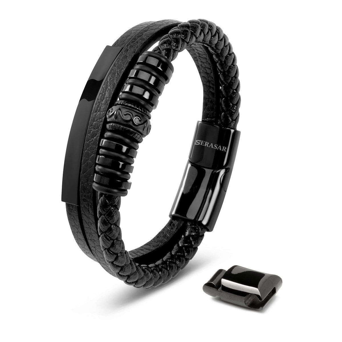 SERASAR - Bracciale da uomo in pelle di alta qualità, con chiusura magnetica in acciaio inox, nero, argento e oro, con scatola per gioielli, ottima idea regalo