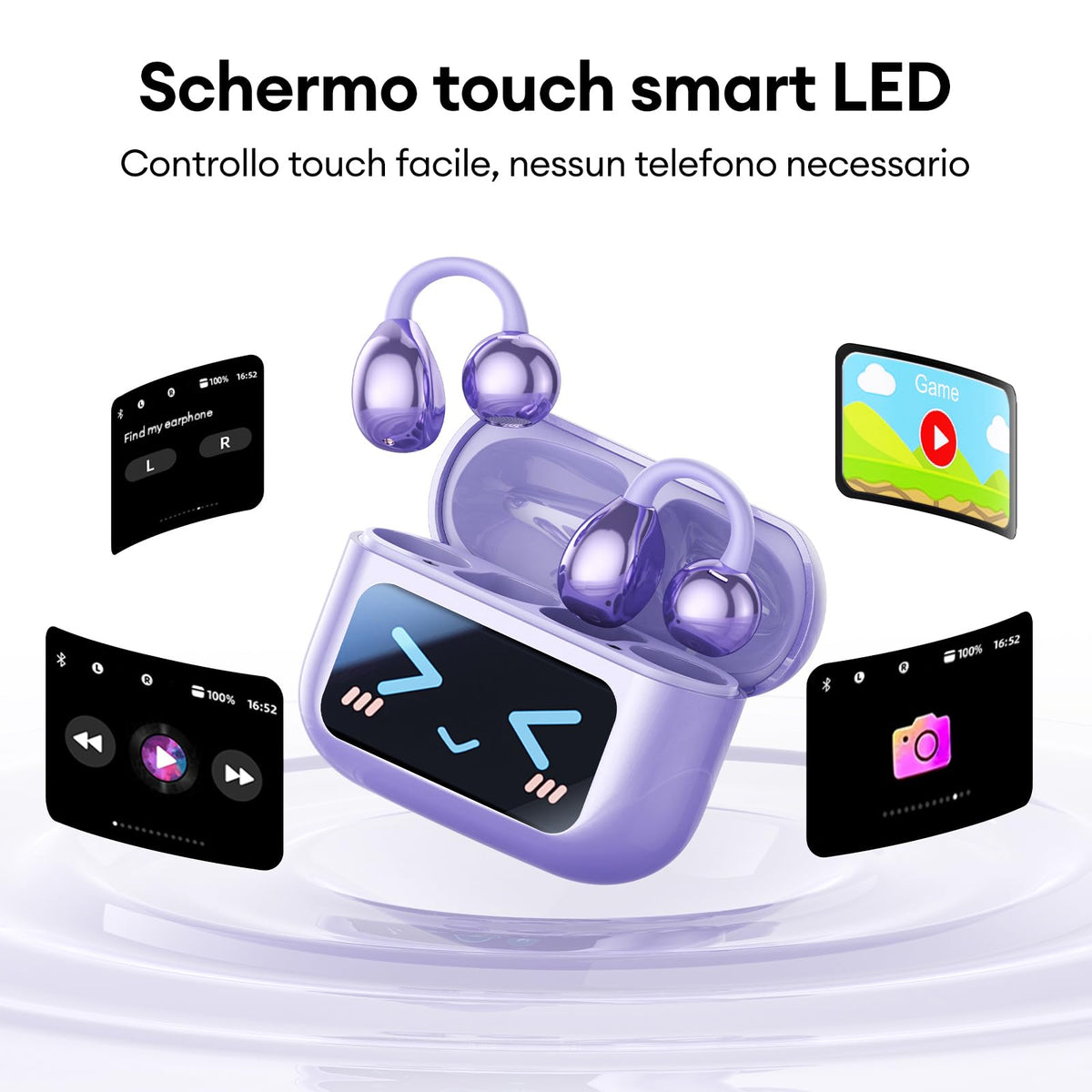 ZOMBIES CAT Auricolari Open Ear Clip-on con Schermo Touch Intelligente – Cuffie Bluetooth 5.4, Audio HiFi, Controllo Musicale & Volume, Auricolari Bluetooth per Sport,M100 Nero