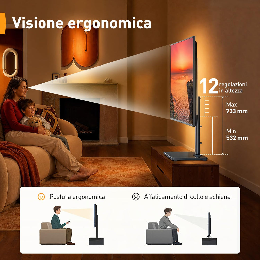 Supporto Girevole da Tavolo per TV da 26-60 Pollici - Piedistallo per TV Regolabile in Altezza con Base in Vetro Temperato, VESA Max 400x400mm, Fino a 40 kg