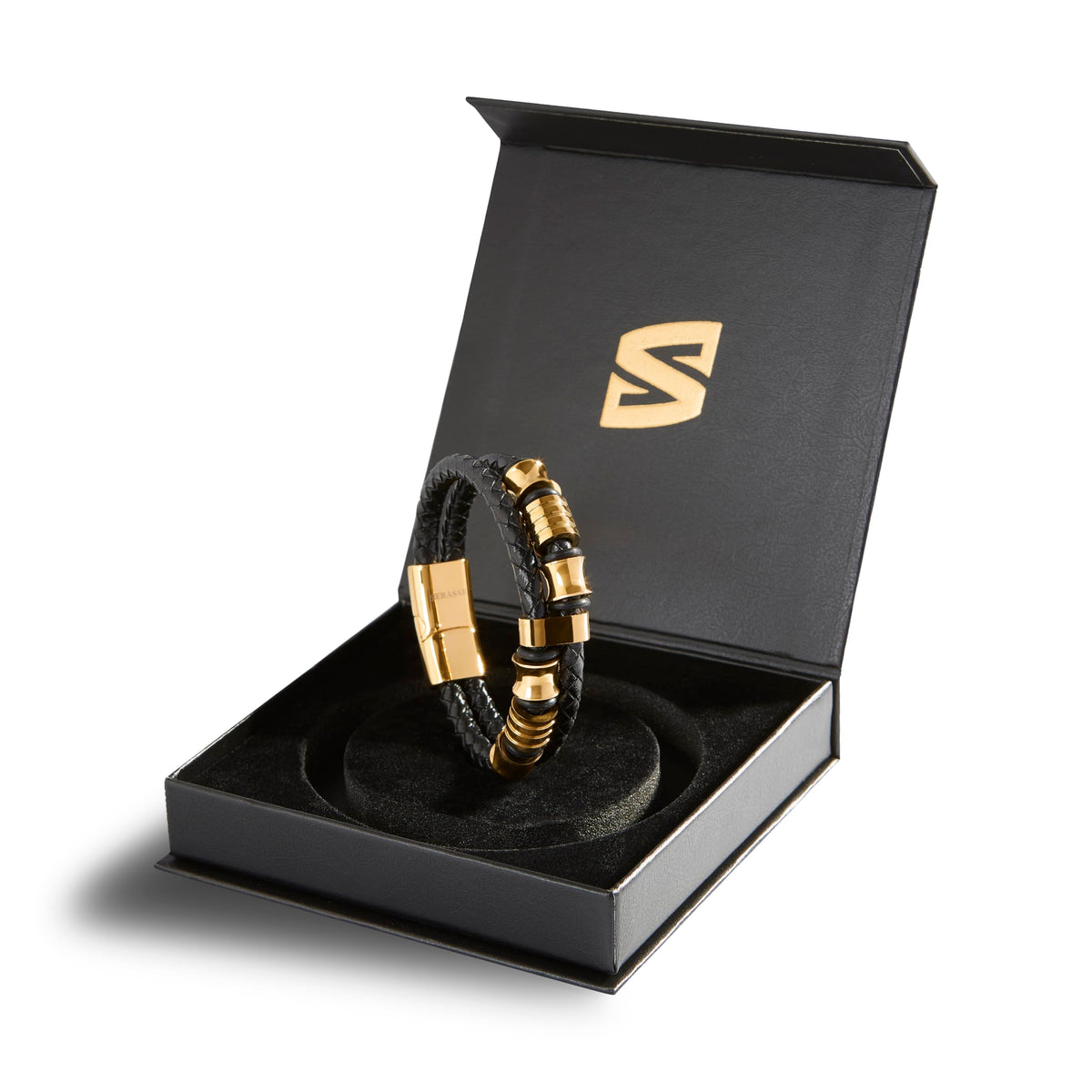 SERASAR - Bracciale da uomo in pelle di alta qualità, con chiusura magnetica in acciaio inox, nero, argento e oro, con scatola per gioielli, ottima idea regalo