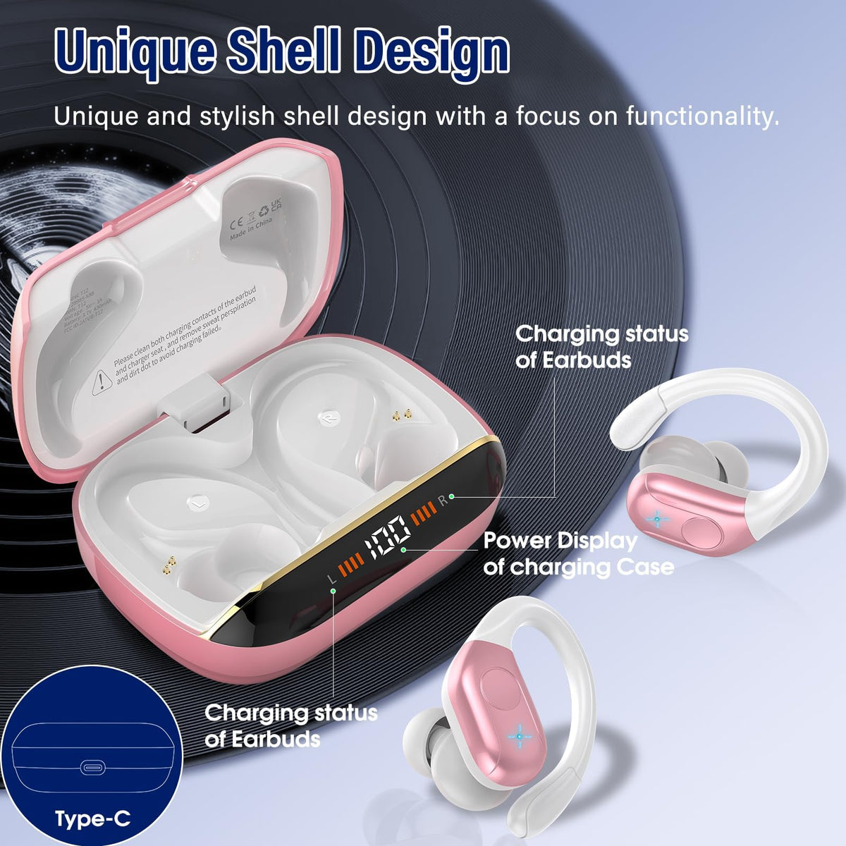 Qecnato Cuffie Bluetooth Senza Fili, Auricolari Bluetooth 5.4 con Stereo HiFi, 75 Ore, Auricolari con 4 ENC Mic, Display LED, IP7 impermeabili Cuffiette Wireless per Jogging, Lavoro, Nero