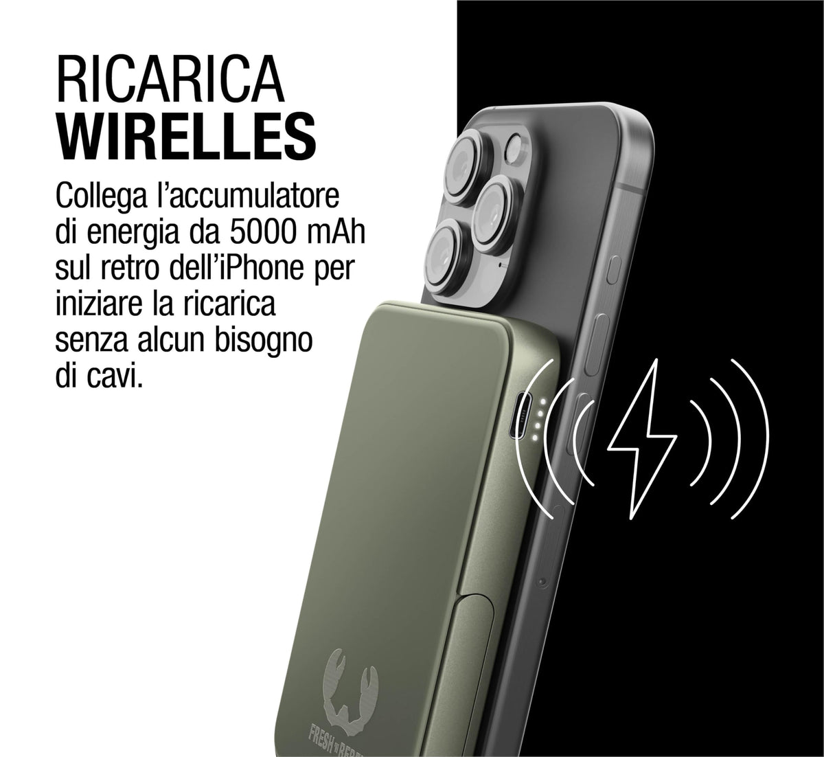 Fresh 'n Rebel Powerbank Magnetico Senza Fili 5000mAh, compatibile con MagSafe, Ricarica Rapida PD 20W, porta USB-C (in/Out), per iPhone 17/16/15/14/13/12, Portatile, con Supporto (Storm Grey)