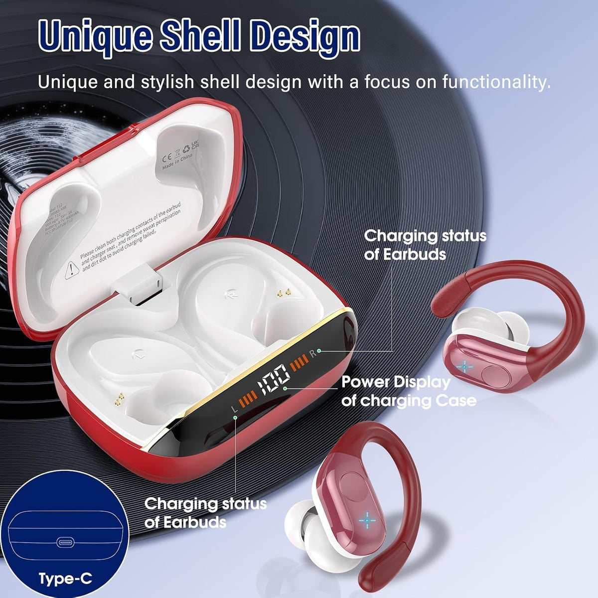 Qecnato Cuffie Bluetooth Senza Fili, Auricolari Bluetooth 5.4 con Stereo HiFi, 75 Ore, Auricolari con 4 ENC Mic, Display LED, IP7 impermeabili Cuffiette Wireless per Jogging, Lavoro, Nero