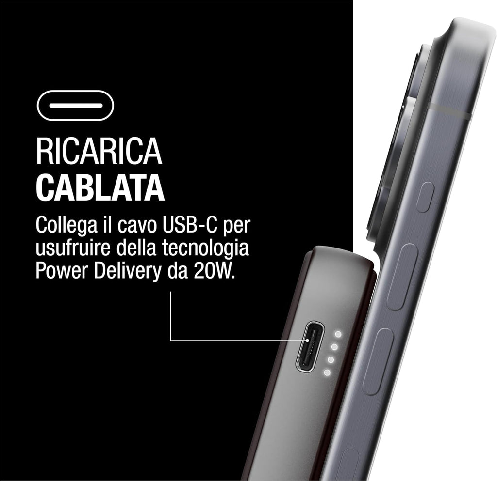 Fresh 'n Rebel Powerbank Magnetico Senza Fili 5000mAh, compatibile con MagSafe, Ricarica Rapida PD 20W, porta USB-C (in/Out), per iPhone 17/16/15/14/13/12, Portatile, con Supporto (Storm Grey)