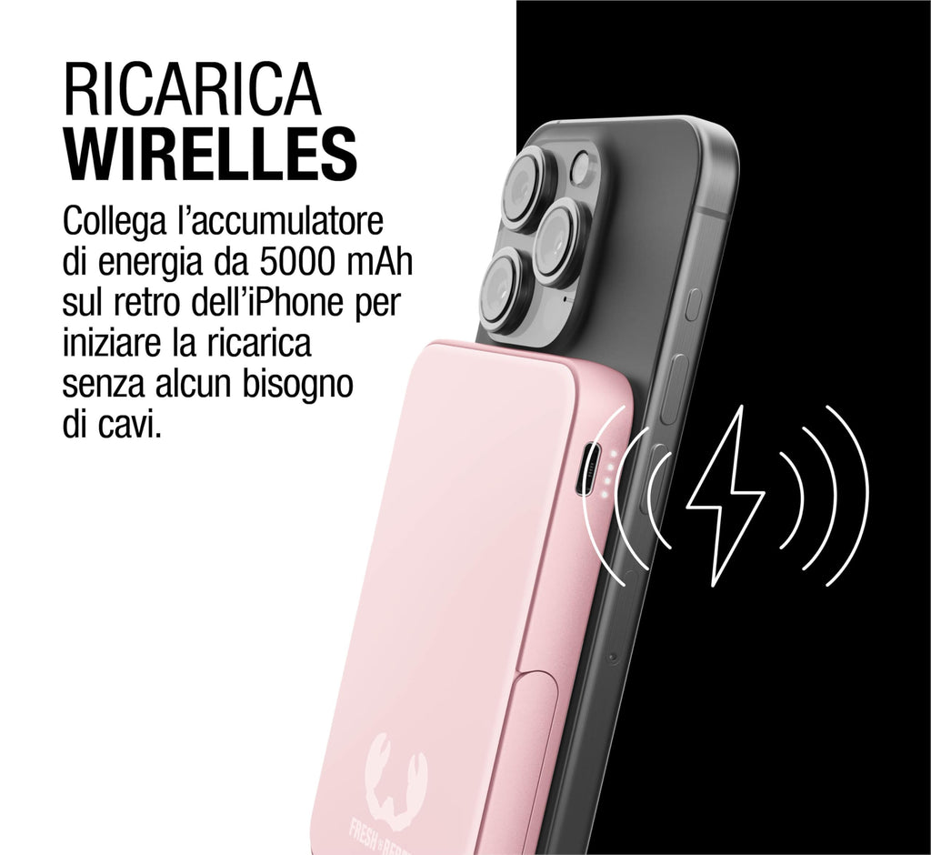 Fresh 'n Rebel Powerbank Magnetico Senza Fili 5000mAh, compatibile con MagSafe, Ricarica Rapida PD 20W, porta USB-C (in/Out), per iPhone 17/16/15/14/13/12, Portatile, con Supporto (Storm Grey)