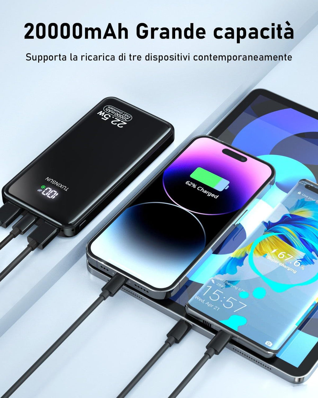 Power Bank 20000mAh PD3.0 QC4.0 22,5W Powerbank Ricarica Rapida, Ingresso e Uscita USB C Caricatore Portatile Powerbank Con Display LCD per Smartphone smartwatch ecc