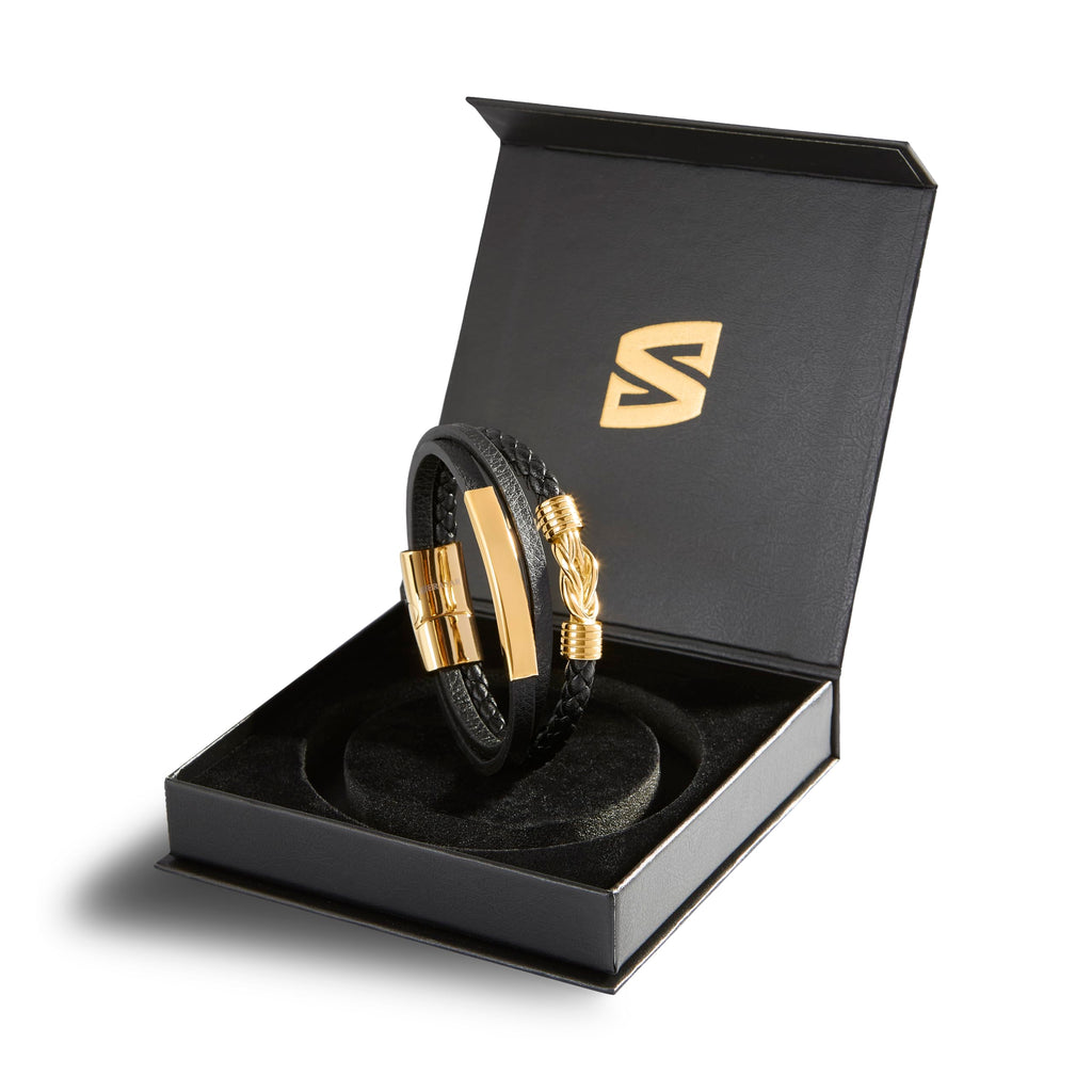 SERASAR - Bracciale da uomo in pelle di alta qualità, con chiusura magnetica in acciaio inox, nero, argento e oro, con scatola per gioielli, ottima idea regalo