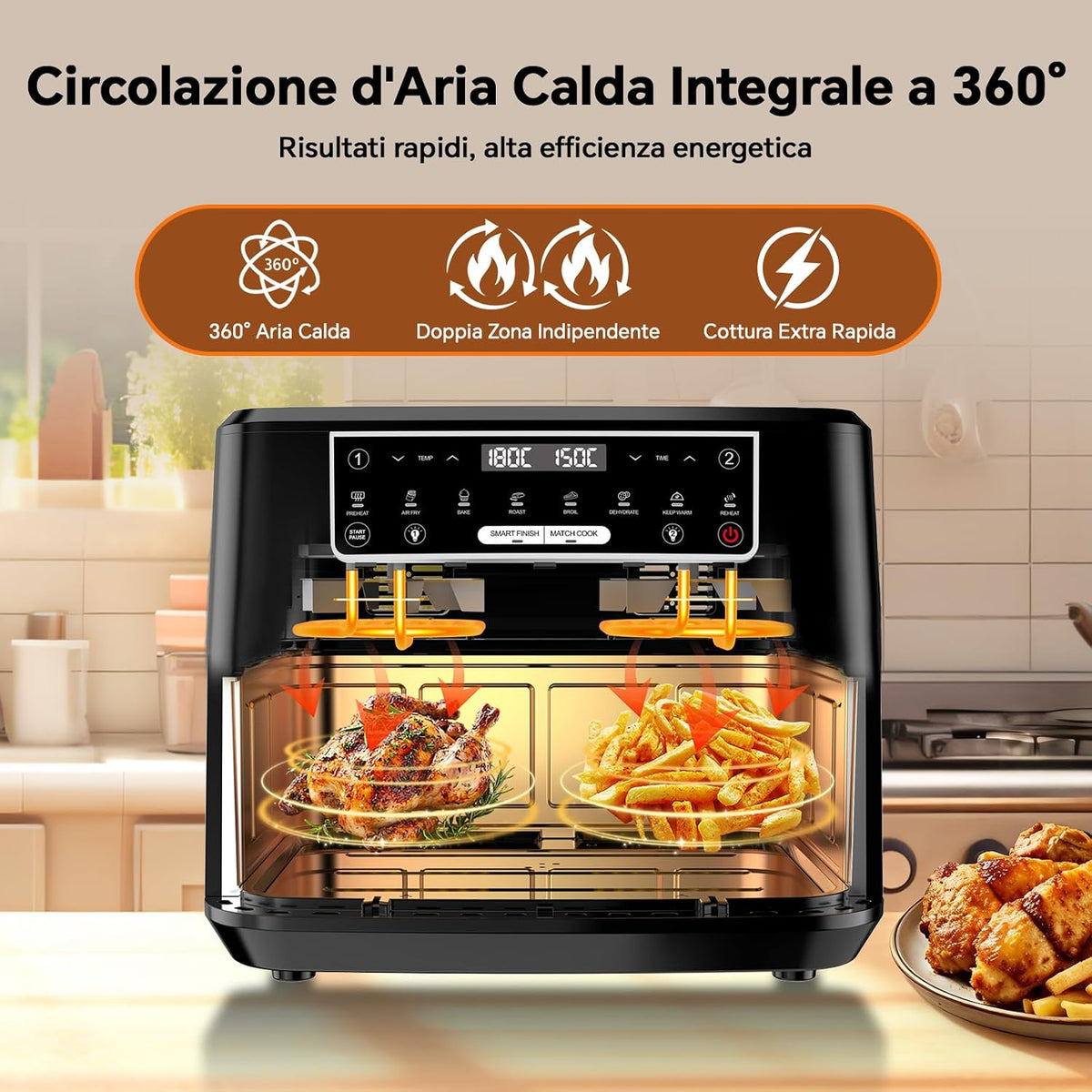Friggitrice ad Aria 12L | Friggitrice Aria XXL Modalità Flessibile 1 o 2 Zone, 2600W Doppia Resistenza Controllo Indipendente Finestra & Luce Interna, Air Fryer Grande 8-in-1 Touch Control Ricettario