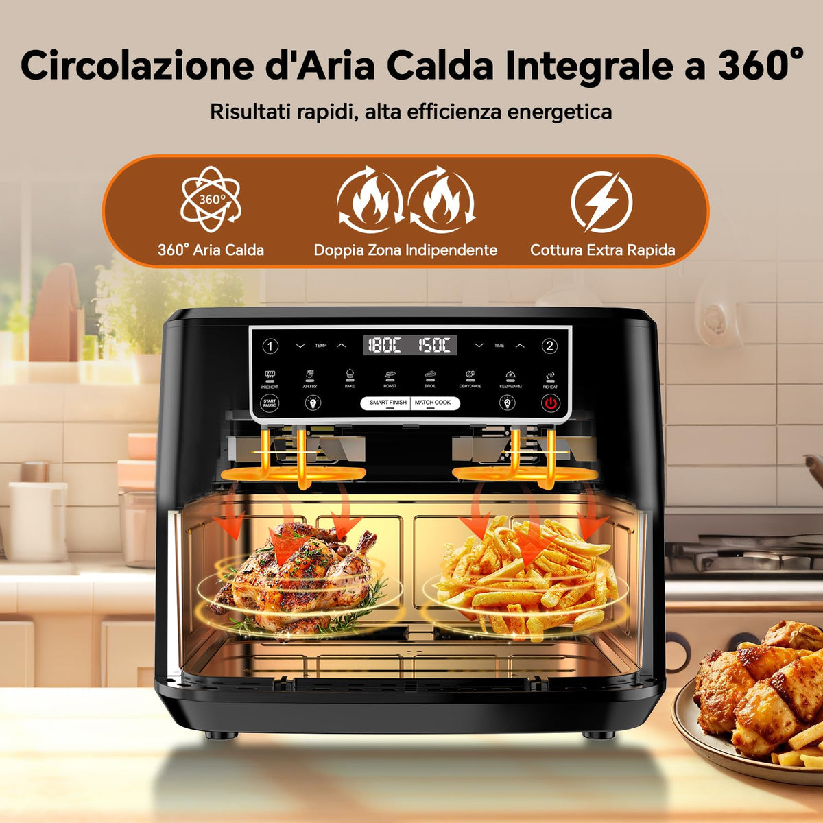 Friggitrice ad Aria 12L | Friggitrice Aria XXL Modalità Flessibile 1 o 2 Zone, 2600W Doppia Resistenza Controllo Indipendente Finestra & Luce Interna, Air Fryer Grande 8-in-1 Touch Control Ricettario