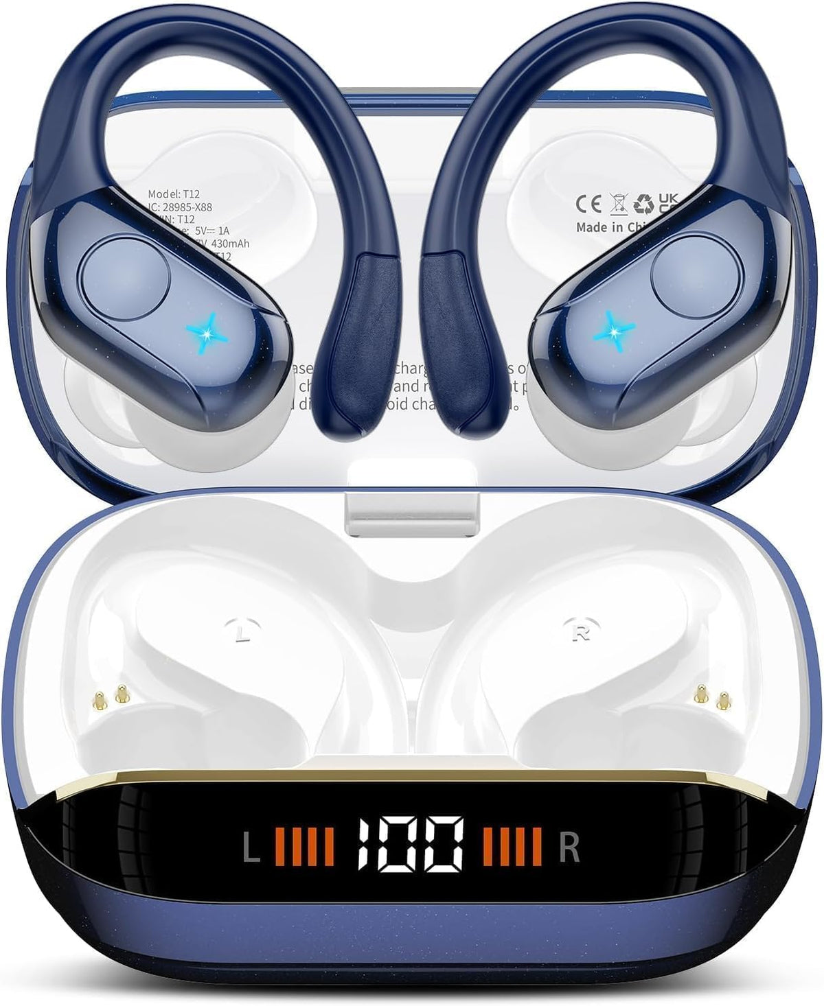 Qecnato Cuffie Bluetooth Senza Fili, Auricolari Bluetooth 5.4 con Stereo HiFi, 75 Ore, Auricolari con 4 ENC Mic, Display LED, IP7 impermeabili Cuffiette Wireless per Jogging, Lavoro, Nero