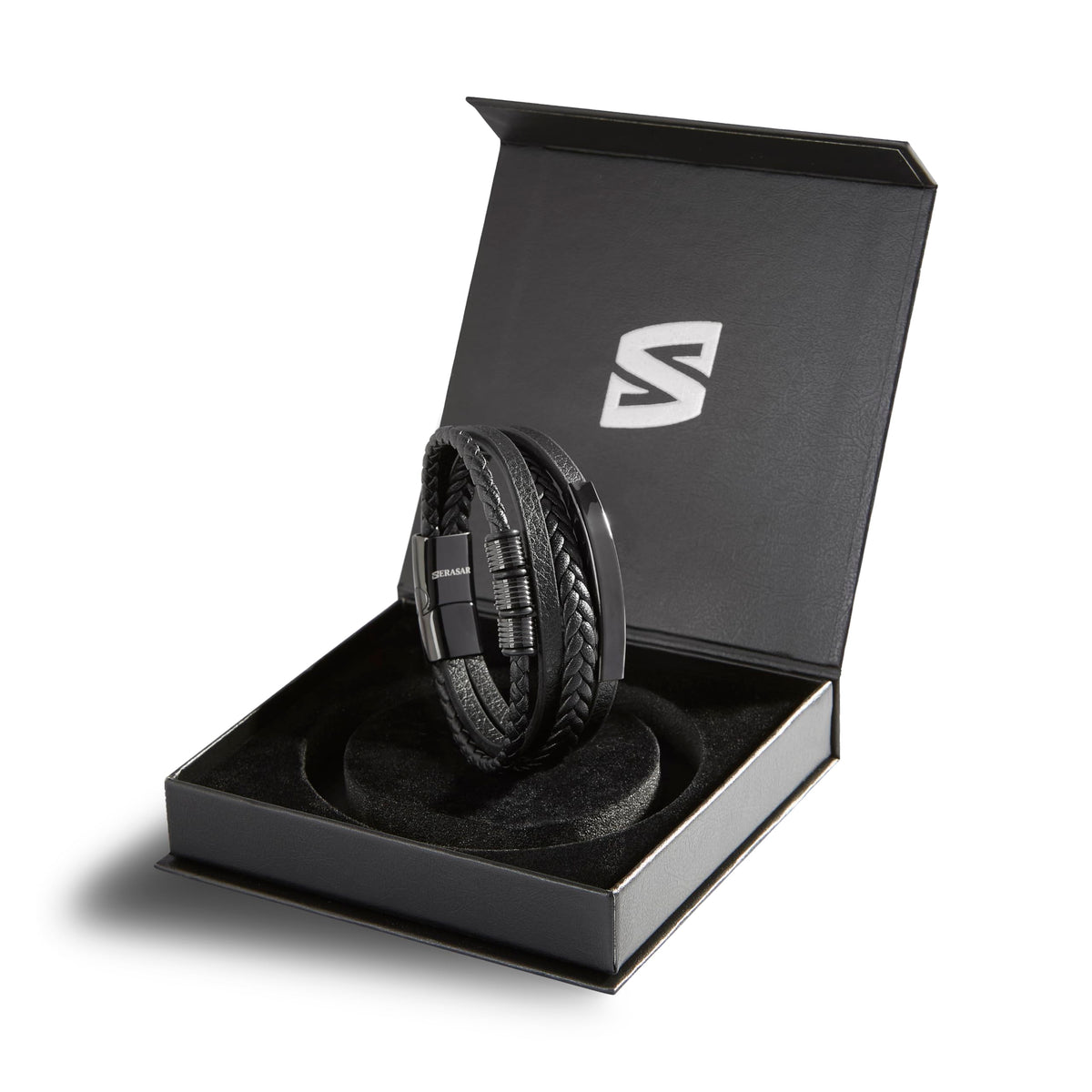 SERASAR - Bracciale da uomo in pelle di alta qualità, con chiusura magnetica in acciaio inox, nero, argento e oro, con scatola per gioielli, ottima idea regalo