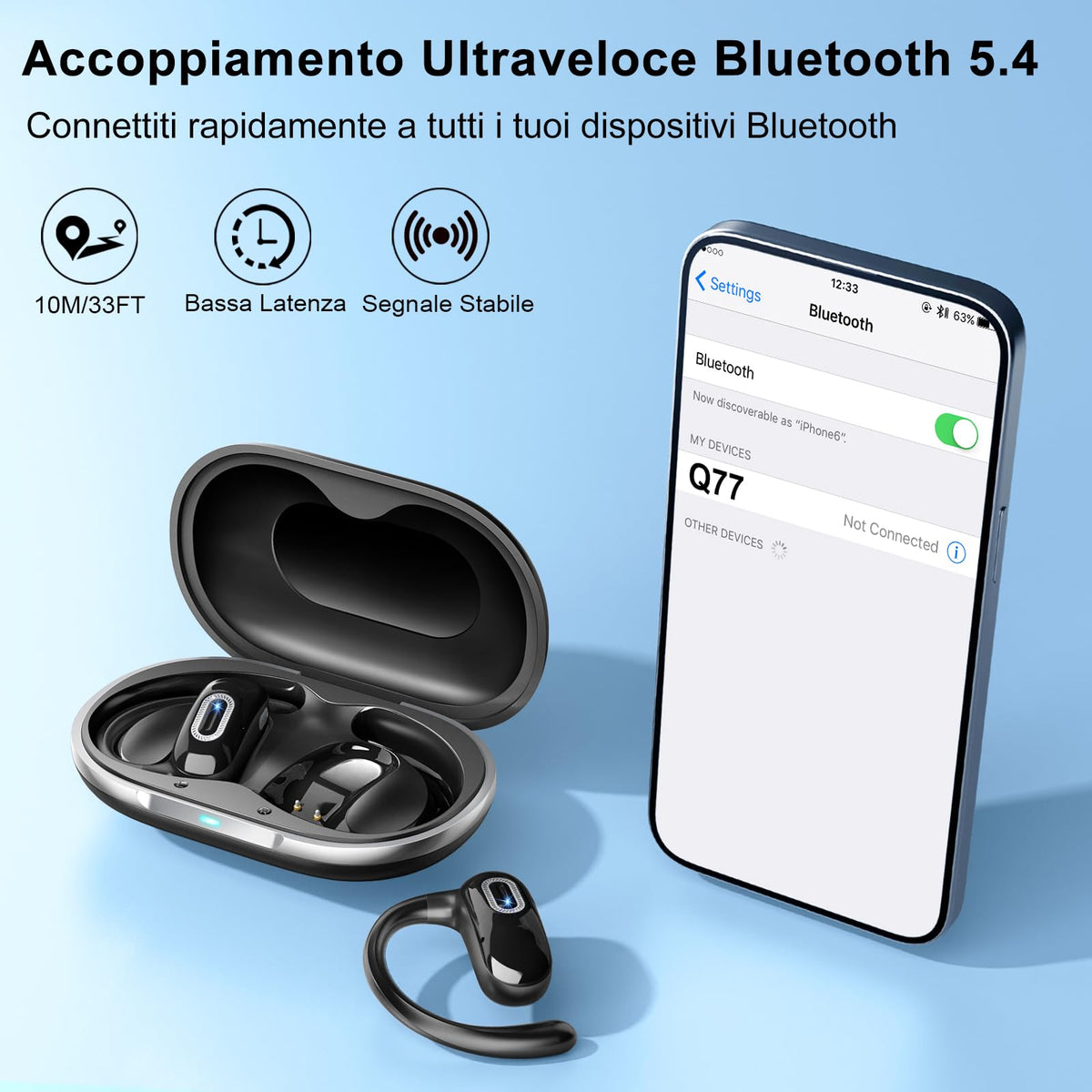 Qecnato Cuffie Bluetooth Senza Fili, Auricolari Bluetooth 5.4 con Stereo HiFi, 75 Ore, Auricolari con 4 ENC Mic, Display LED, IP7 impermeabili Cuffiette Wireless per Jogging, Lavoro, Nero