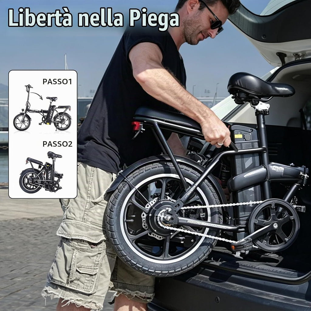A10 Bici Elettrica, 16" Bicicletta Elettrica Pieghevole con Autonomia di 30-50 km, Batteria Rimovibile 36V 12.8Ah, 3 Modalità di Guida, Velocità 10/15/25 KM/H, E-Bike per Adulti e Adolescente-120kg