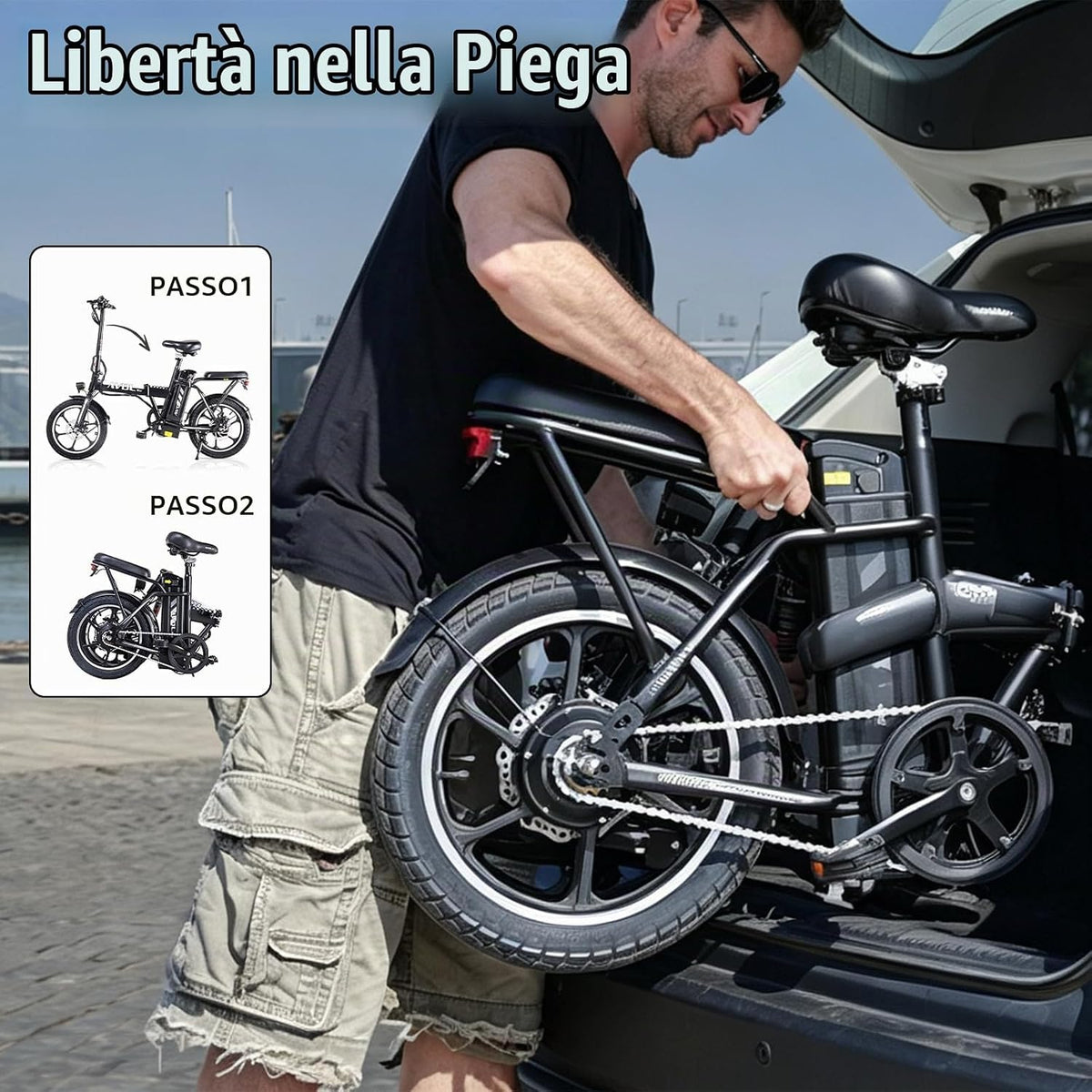 A10 Bici Elettrica, 16" Bicicletta Elettrica Pieghevole con Autonomia di 30-50 km, Batteria Rimovibile 36V 12.8Ah, 3 Modalità di Guida, Velocità 10/15/25 KM/H, E-Bike per Adulti e Adolescente-120kg