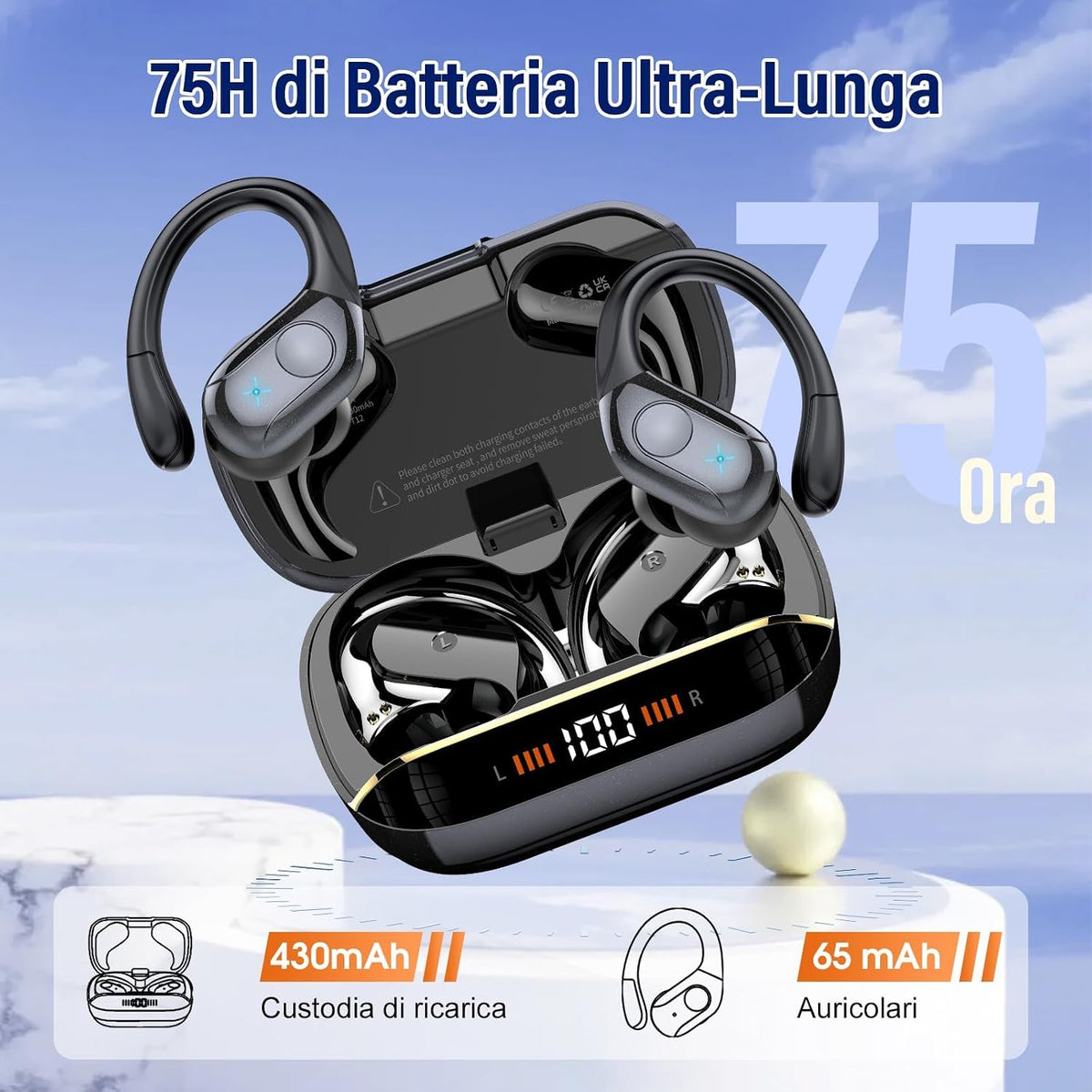 Qecnato Cuffie Bluetooth Senza Fili, Auricolari Bluetooth 5.4 con Stereo HiFi, 75 Ore, Auricolari con 4 ENC Mic, Display LED, IP7 impermeabili Cuffiette Wireless per Jogging, Lavoro, Nero
