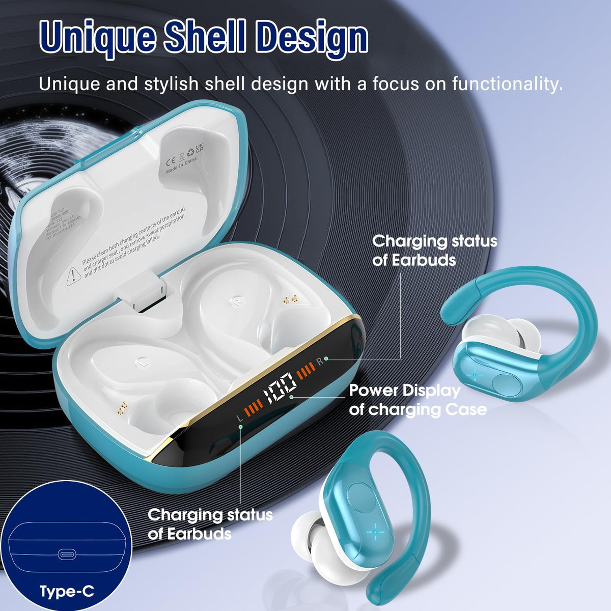 Qecnato Cuffie Bluetooth Senza Fili, Auricolari Bluetooth 5.4 con Stereo HiFi, 75 Ore, Auricolari con 4 ENC Mic, Display LED, IP7 impermeabili Cuffiette Wireless per Jogging, Lavoro, Nero