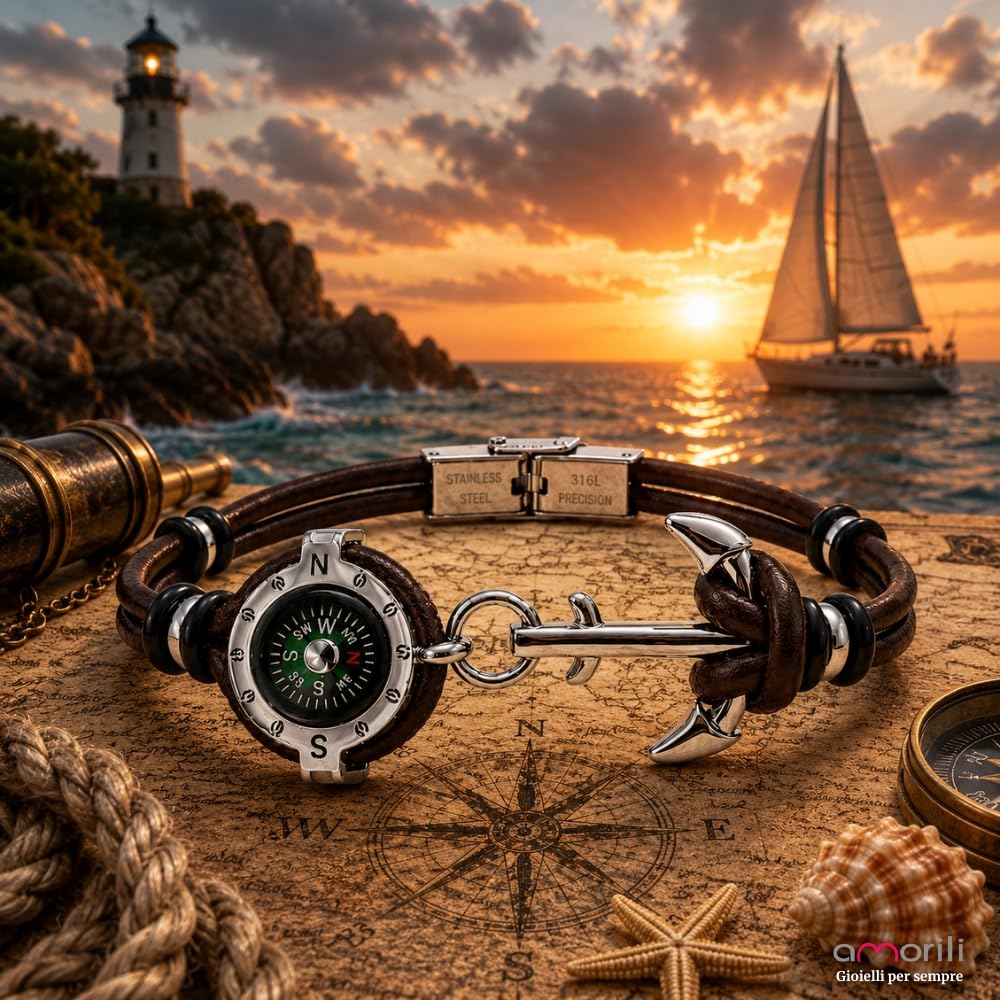 Bracciale Uomo con Bussola Ancora in Acciaio Inox e Pelle – Simbolo Nautico Marino – Idea Regalo Mare Estate – Braccialetto Elegante