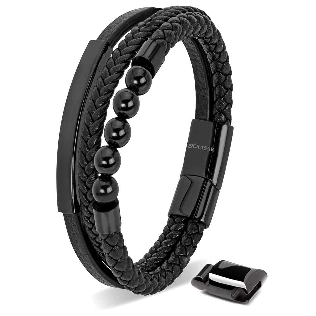 SERASAR - Bracciale da uomo in pelle di alta qualità, con chiusura magnetica in acciaio inox, nero, argento e oro, con scatola per gioielli, ottima idea regalo