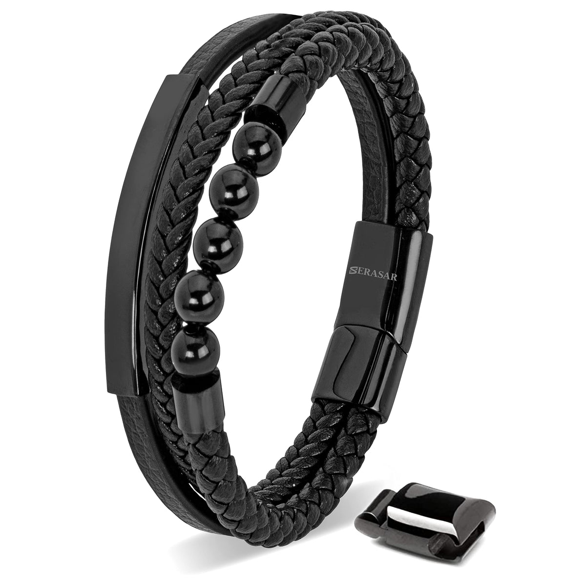 SERASAR - Bracciale da uomo in pelle di alta qualità, con chiusura magnetica in acciaio inox, nero, argento e oro, con scatola per gioielli, ottima idea regalo
