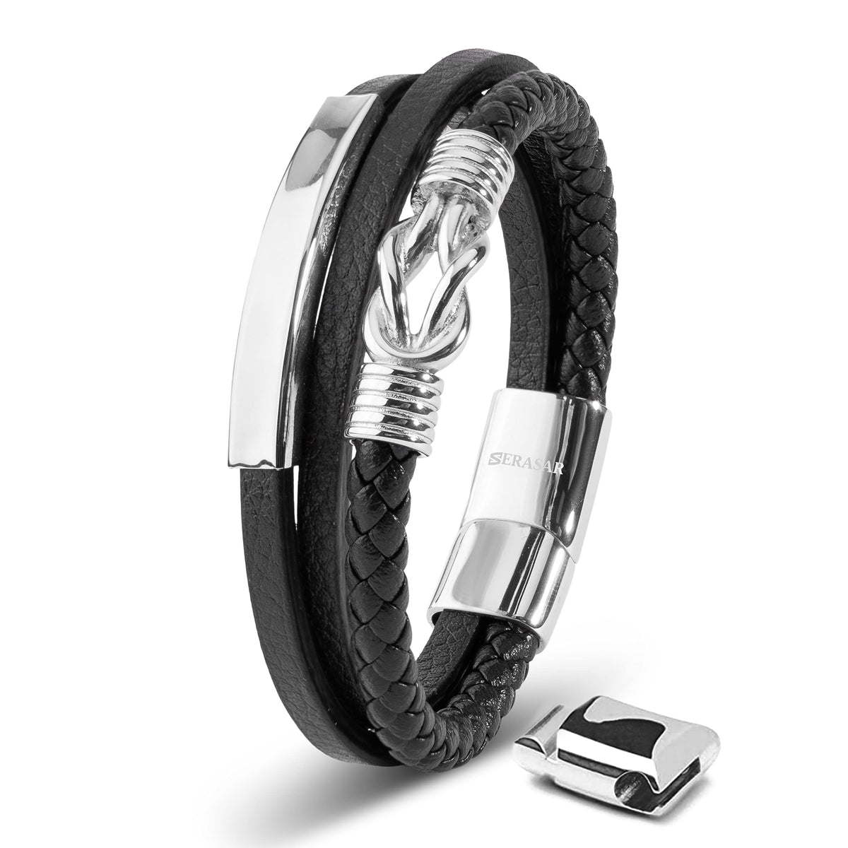 SERASAR - Bracciale da uomo in pelle di alta qualità, con chiusura magnetica in acciaio inox, nero, argento e oro, con scatola per gioielli, ottima idea regalo