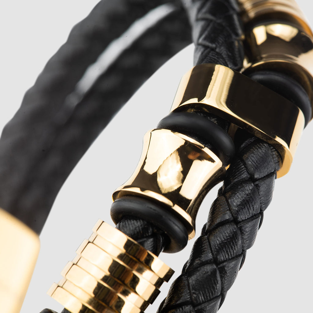 SERASAR - Bracciale da uomo in pelle di alta qualità, con chiusura magnetica in acciaio inox, nero, argento e oro, con scatola per gioielli, ottima idea regalo