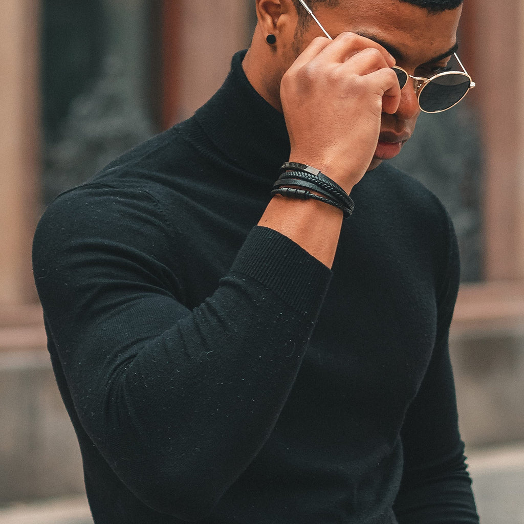 SERASAR - Bracciale da uomo in pelle di alta qualità, con chiusura magnetica in acciaio inox, nero, argento e oro, con scatola per gioielli, ottima idea regalo