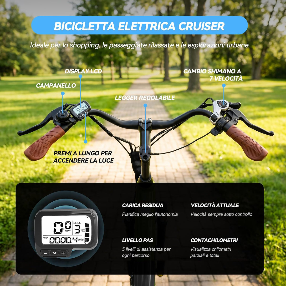 ESKUTE C100 Plus Bici Elettrica, 26 Pollici Bicicletta Elettrica, Motore 250W, Batteria Rimovibile 36V 13Ah, Velocità Massima di 25 km/h, 7 Velocità, Display LCD, E-bike per Adulti