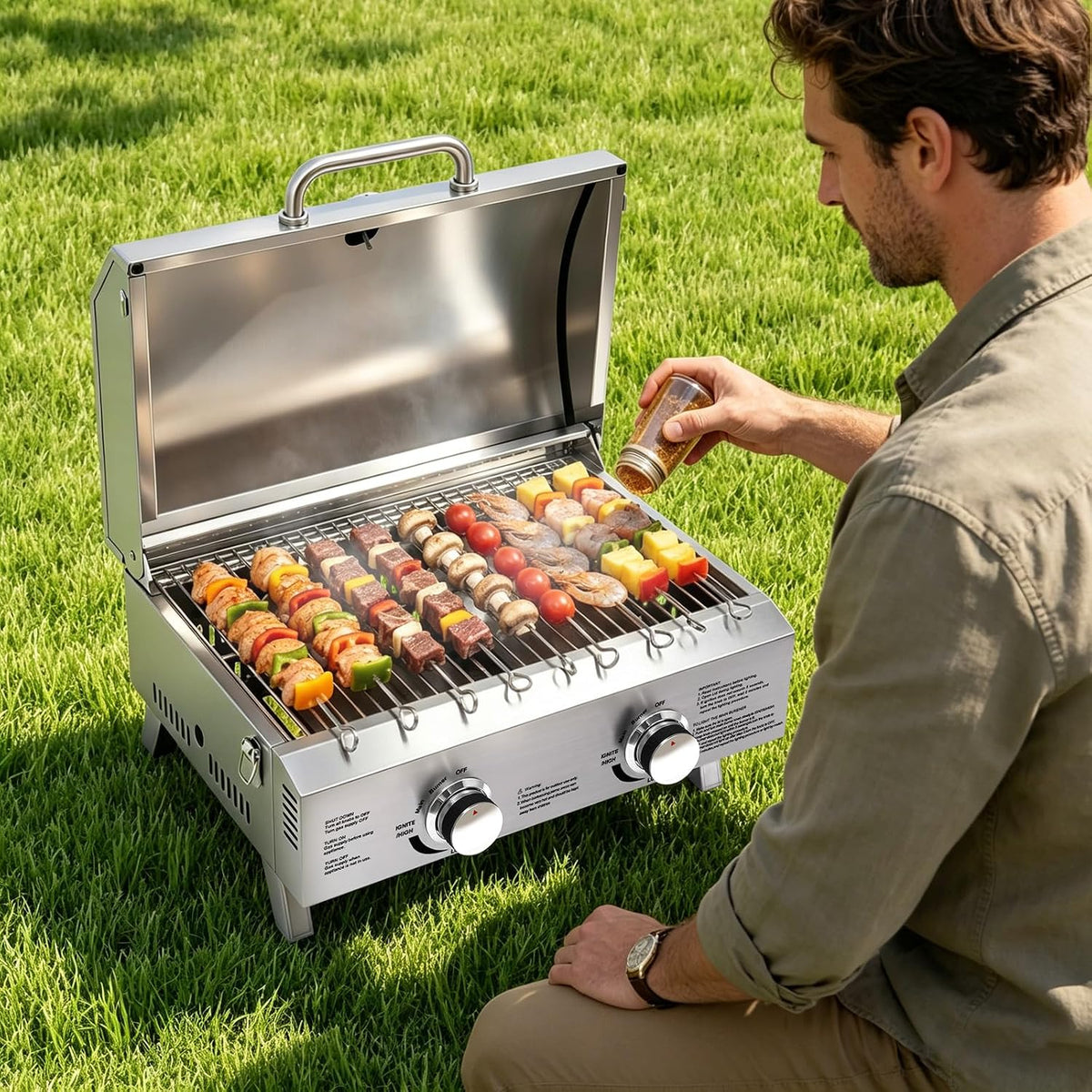 Barbecue a gas da tavolo a 2 bruciatori in acciaio inox, barbecue a gas portatile con termometro, accensione piezoelettrica, piedini pieghevoli per balcone, giardino, campeggio, barbecue, picnic