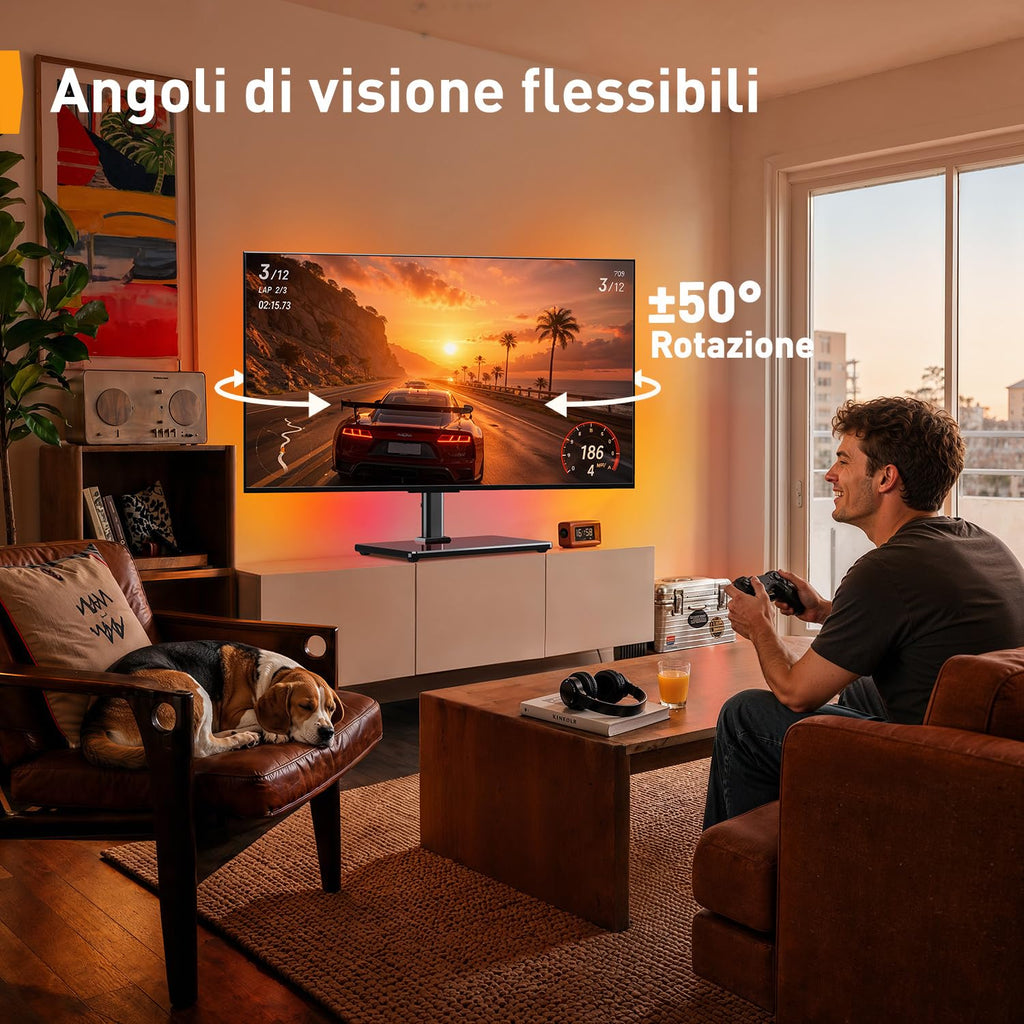 Supporto Girevole da Tavolo per TV da 26-60 Pollici - Piedistallo per TV Regolabile in Altezza con Base in Vetro Temperato, VESA Max 400x400mm, Fino a 40 kg