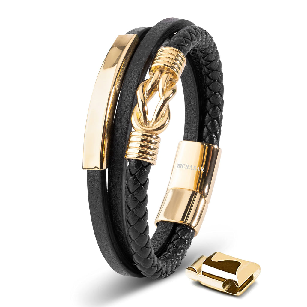SERASAR - Bracciale da uomo in pelle di alta qualità, con chiusura magnetica in acciaio inox, nero, argento e oro, con scatola per gioielli, ottima idea regalo