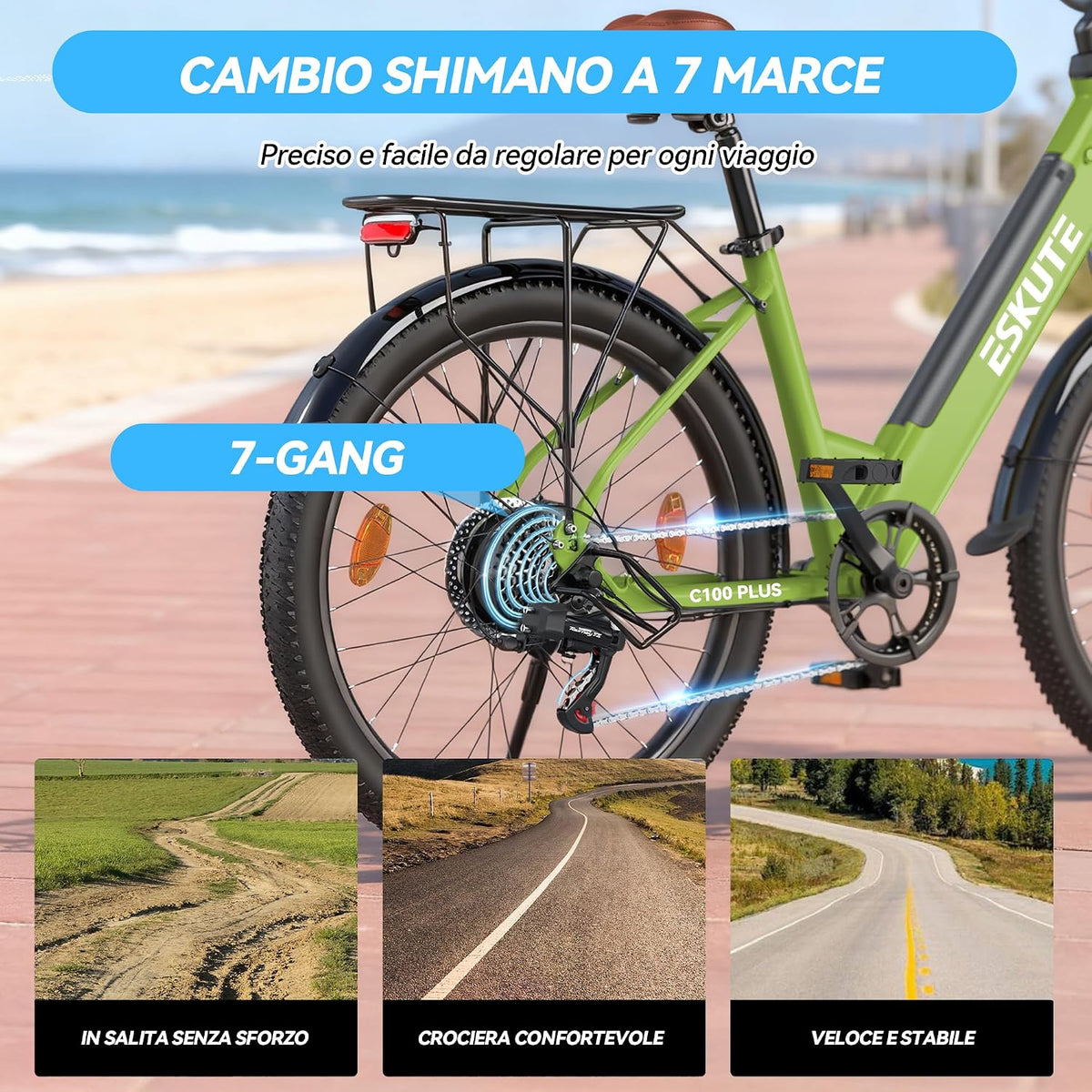 ESKUTE C100 Plus Bici Elettrica, 26 Pollici Bicicletta Elettrica, Motore 250W, Batteria Rimovibile 36V 13Ah, Velocità Massima di 25 km/h, 7 Velocità, Display LCD, E-bike per Adulti