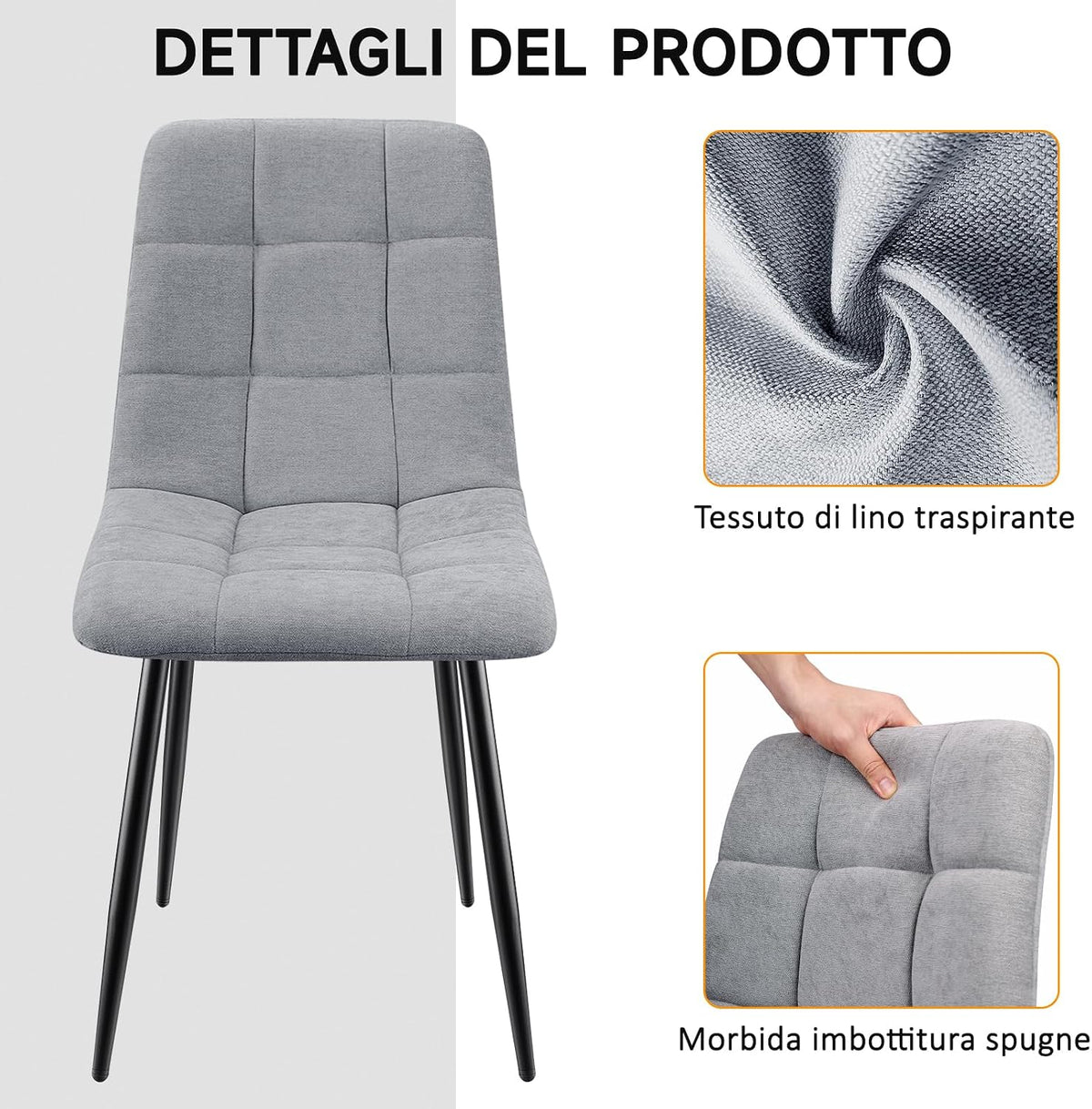 Set di 4 Sedie Da Pranzo,Tessuto di Lino Traspirante,Grigio