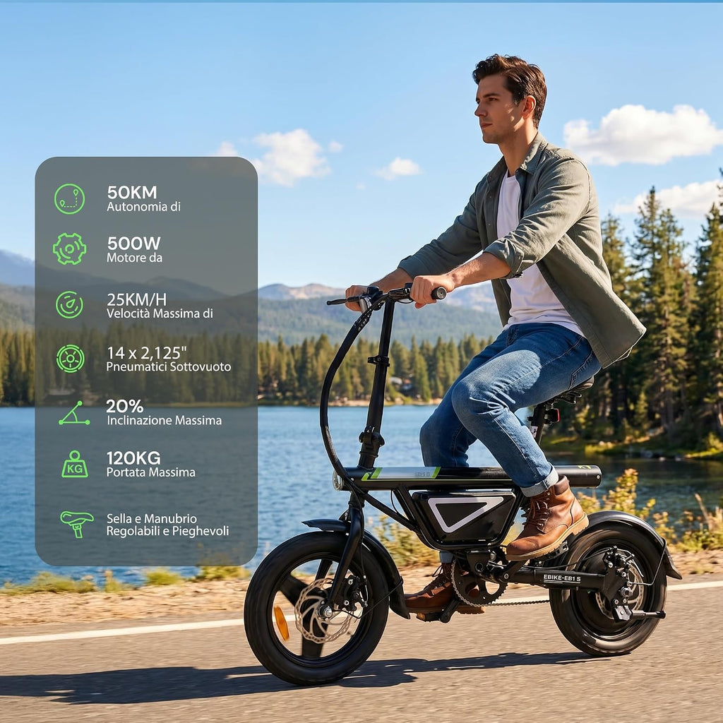 Finbike Bici Elettrica Pieghevole 14'' Pneumatico, 432WH Batteria, Autonomia di 30-50 KM, Motore 250W, E-Bike per Adulti e Adolescente, Carico 120kg, 10/15/25KM/H
