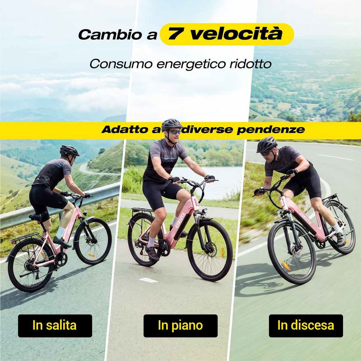ESKUTE C202 Bicicletta Elettrica 48V 17,5Ah per Adulti 26”, Batteria Rimovibile, E-Bike da Città per Pendolari, Cambio 7 Velocità, 25 km/h, Autonomia fino a 110 km