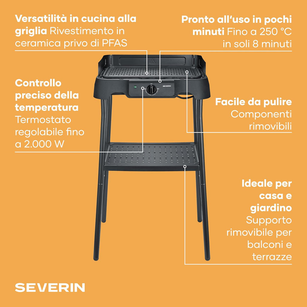 Severin Barbecue Elettrico con Supporto, Rivestimento in Ceramica, 2000 W