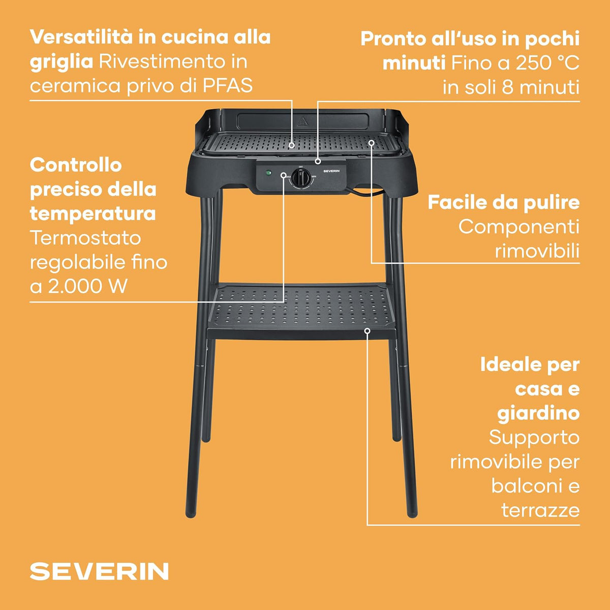 Severin Barbecue Elettrico con Supporto, Rivestimento in Ceramica, 2000 W