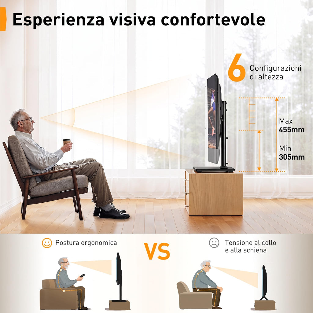 Supporto Girevole da Tavolo per TV da 26-60 Pollici - Piedistallo per TV Regolabile in Altezza con Base in Vetro Temperato, VESA Max 400x400mm, Fino a 40 kg