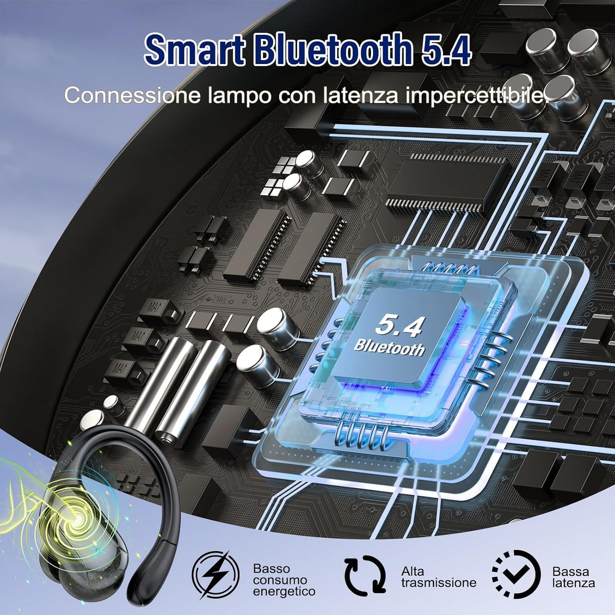 Qecnato Cuffie Bluetooth Senza Fili, Auricolari Bluetooth 5.4 con Stereo HiFi, 75 Ore, Auricolari con 4 ENC Mic, Display LED, IP7 impermeabili Cuffiette Wireless per Jogging, Lavoro, Nero
